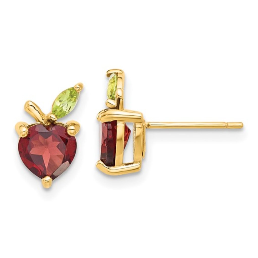 14k Yellow Gold Heart Shaped Red Garnet And Green Peridot Apple Post Earrings 378$